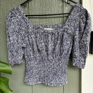 Blue Floral Smocked Puff Sleeve Off Shoulder Peasant Top Small